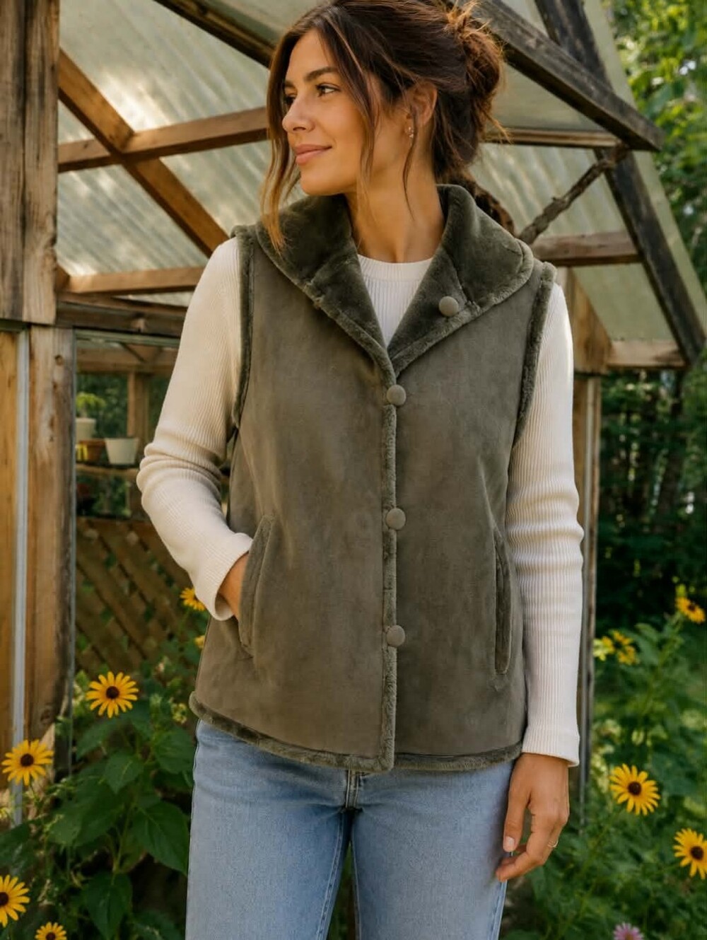 Olive Green Faux-Suede Shearling Vest. Réversible